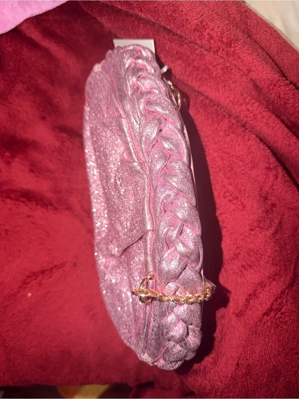 Pink Glitter Braided Handle Convertible Clutch Bag